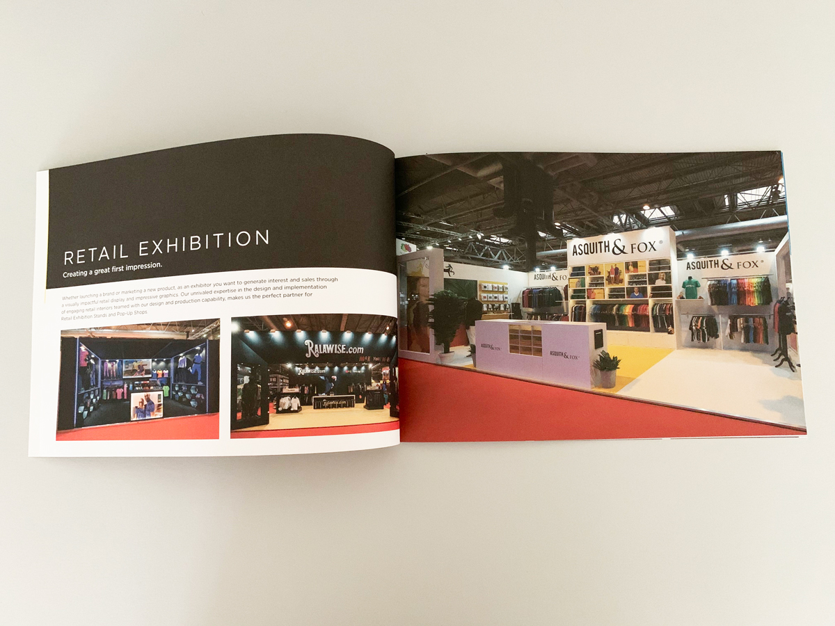 An open spread from the brochure showing the retail exhibition section.